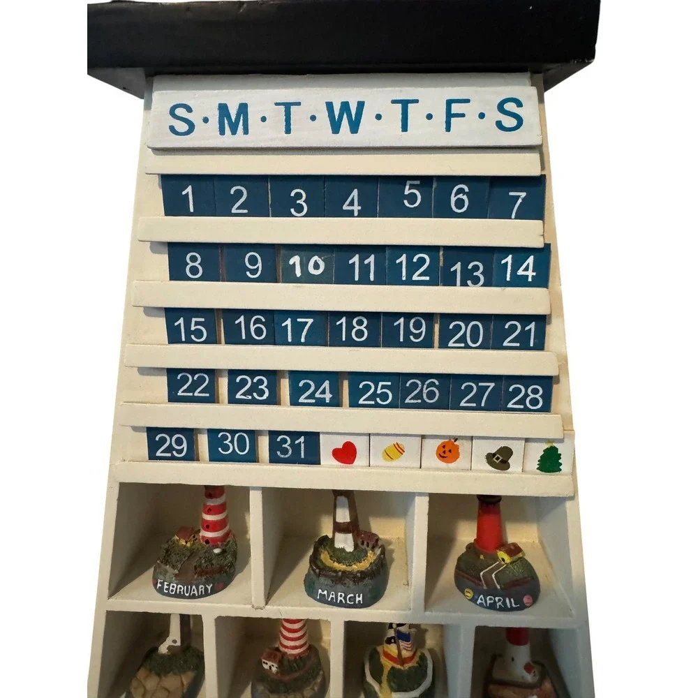 Vintage Lighthouse Wooden Perpetual Calendar Nautical Wall Decor with Figurines